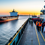 **

A bustling international seaport at sunrise, showcasing various cargo ships and fishing vessels. In the foreground, coast guard officials inspect a foreign-flagged ship. The overall scene highlights maritime enforcement and international trade. "Safe for work", "appropriate content", "fully clothed", professional maritime photography, perfect anatomy, natural proportions.

**