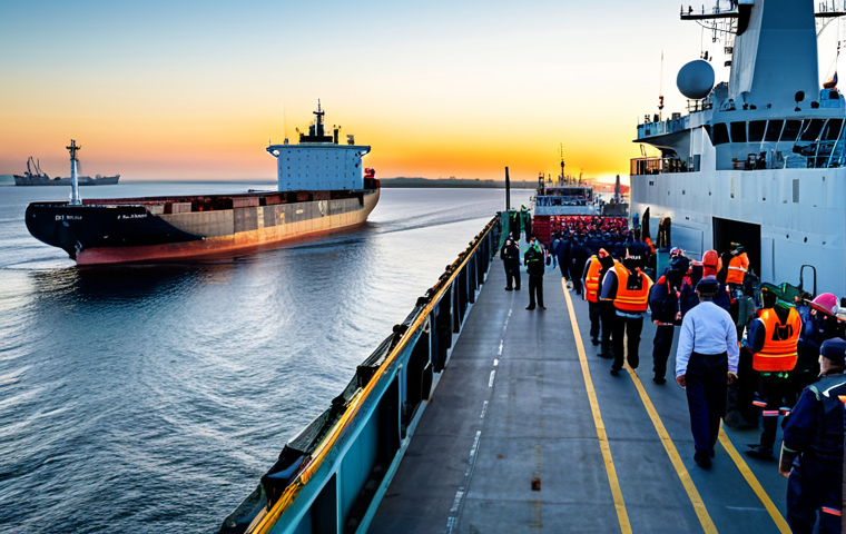 **

A bustling international seaport at sunrise, showcasing various cargo ships and fishing vessels. In the foreground, coast guard officials inspect a foreign-flagged ship. The overall scene highlights maritime enforcement and international trade. "Safe for work", "appropriate content", "fully clothed", professional maritime photography, perfect anatomy, natural proportions.

**