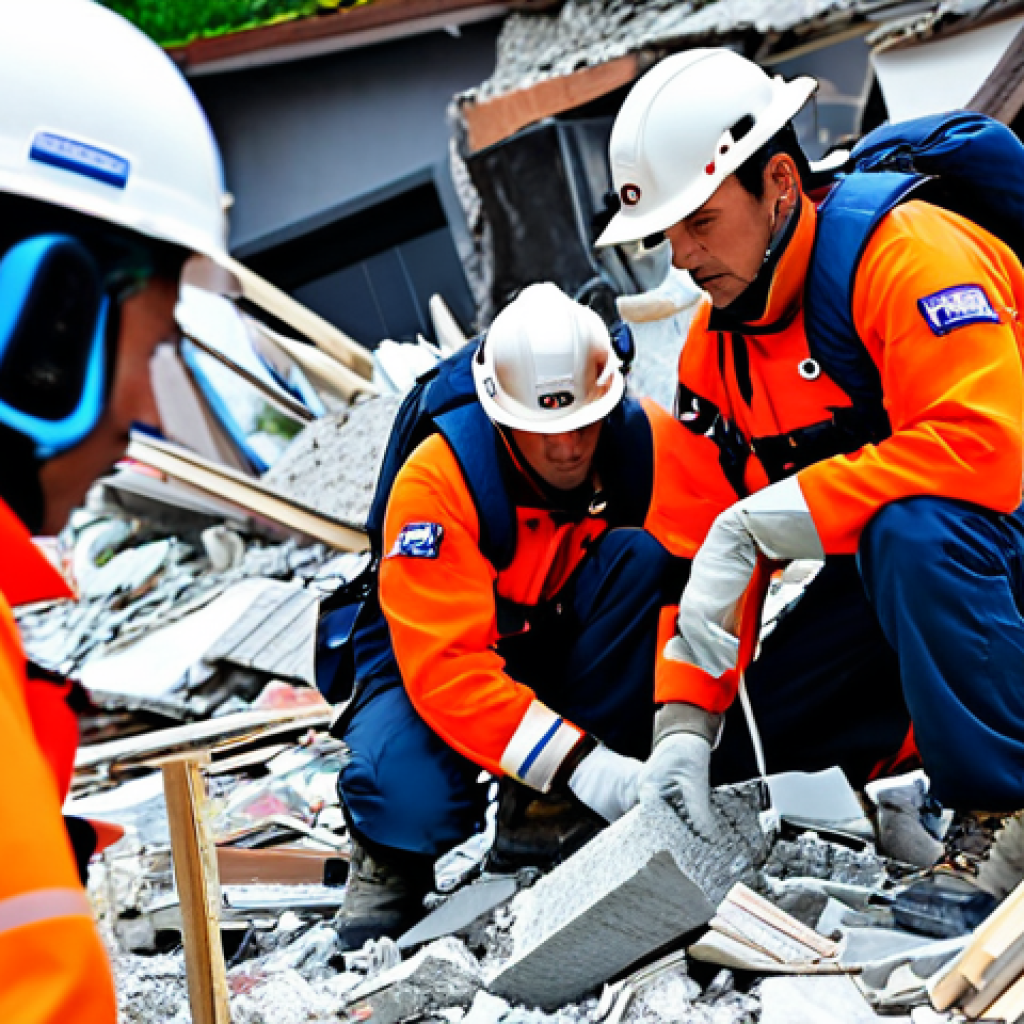 국제 재난 대응과 인도적 지원 - Search and Rescue Operation**

"A search and rescue team, fully clothed in appropriate gear, working...