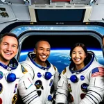 국제 우주 개발 협력 - **Prompt:** "A diverse group of male and female astronauts from NASA, Roscosmos, ESA, JAXA, and CSA,...