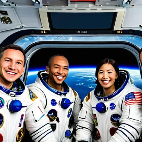 Home 21 국제 우주 개발 협력 - **Prompt:** "A diverse group of male and female astronauts from NASA, Roscosmos, ESA, JAXA, and CSA,...