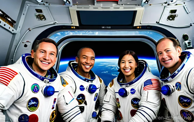 국제 우주 개발 협력 - **Prompt:** "A diverse group of male and female astronauts from NASA, Roscosmos, ESA, JAXA, and CSA,...