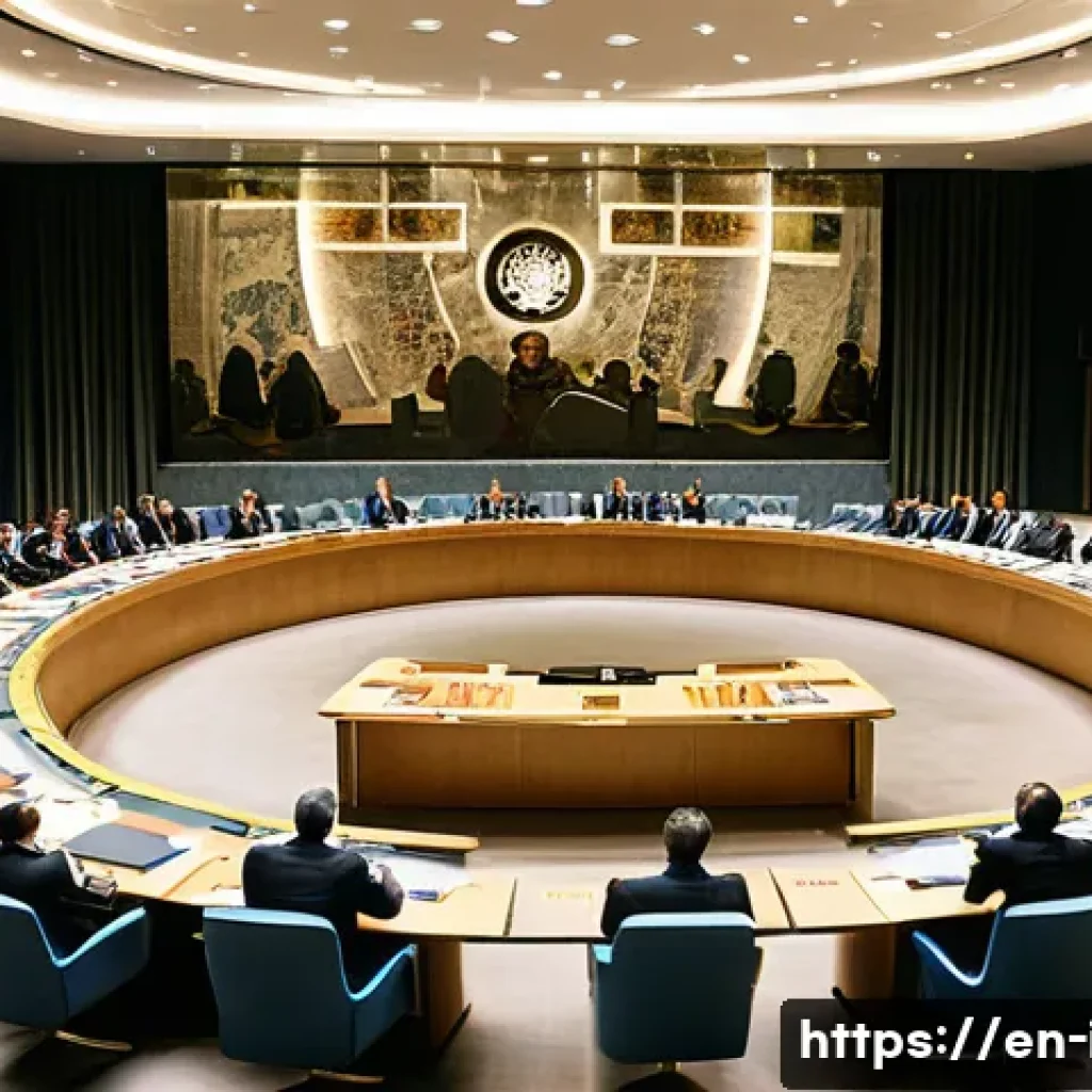 유엔 안보리 결의안 분석 - A high-level United Nations Security Council meeting room scene showing delegates from the five perm...
