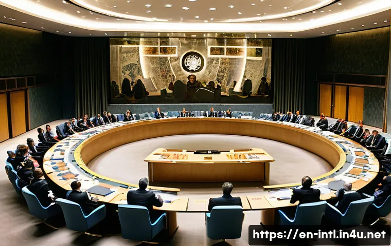 유엔 안보리 결의안 분석 - A high-level United Nations Security Council meeting room scene showing delegates from the five perm...