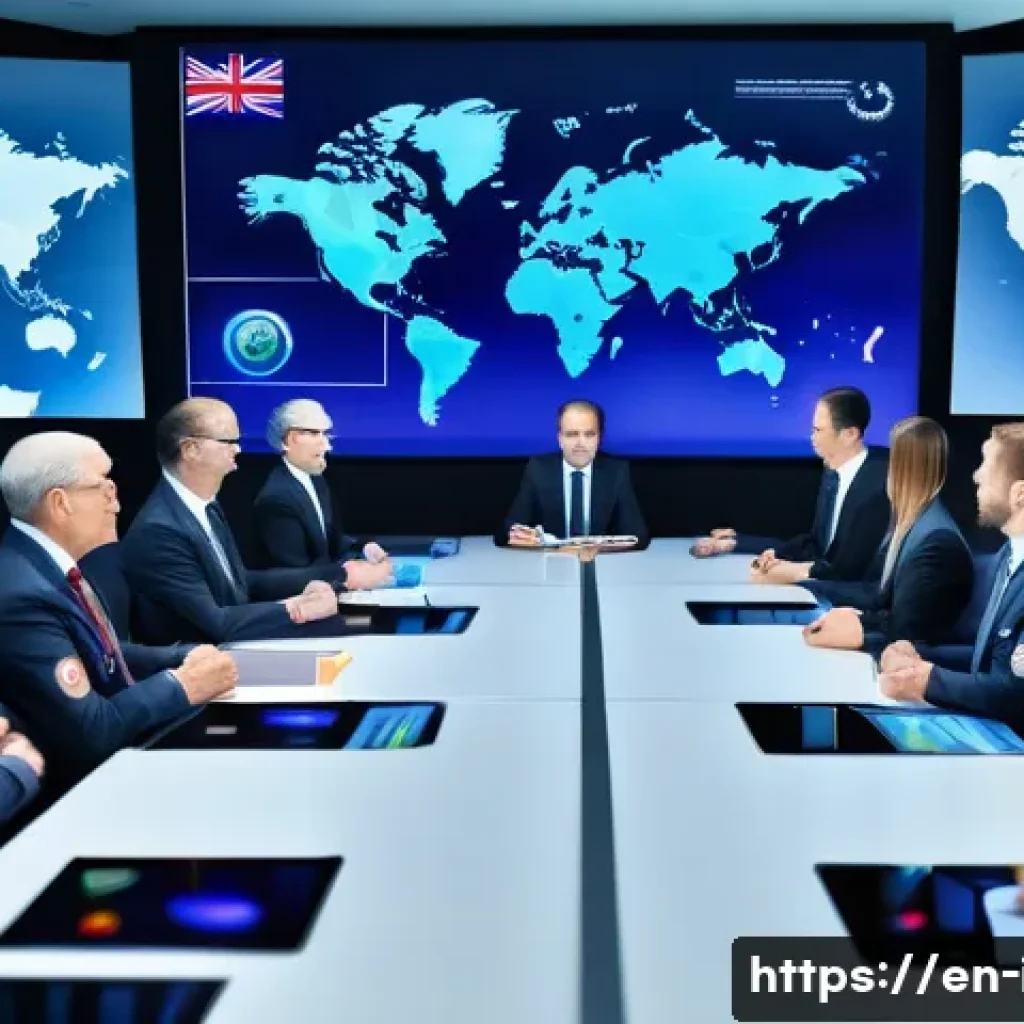 국제 테러리즘 대응 정책 - A detailed scene of an international intelligence collaboration meeting room: diverse intelligence o...