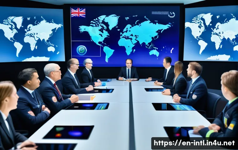 국제 테러리즘 대응 정책 - A detailed scene of an international intelligence collaboration meeting room: diverse intelligence o...
