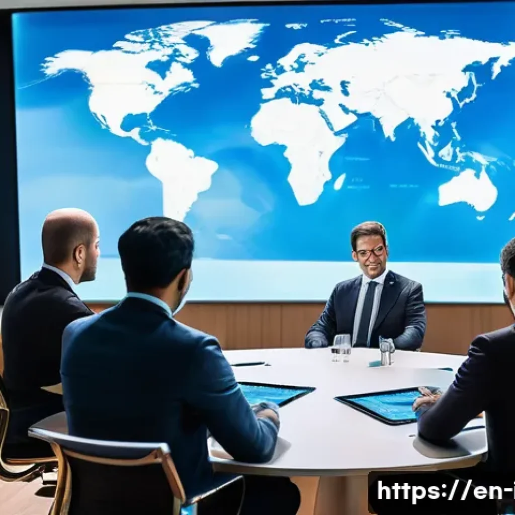 세계경제포럼 WEF  이슈 분석 - A futuristic international conference room with diverse global leaders engaged in a dynamic discussi...