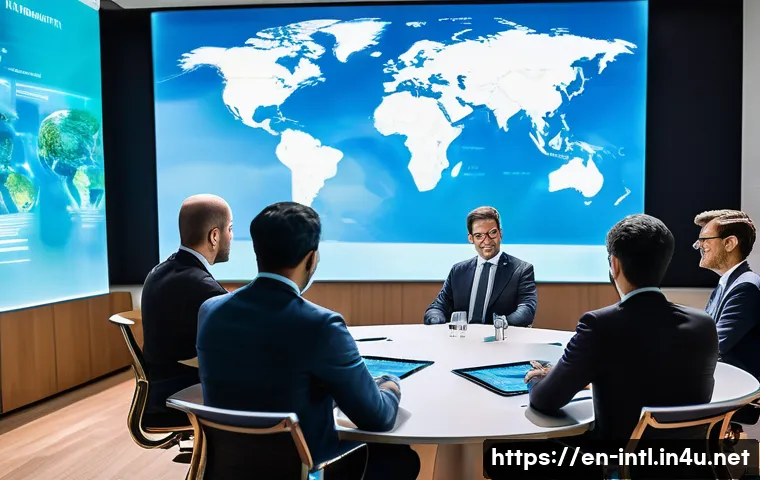 세계경제포럼 WEF  이슈 분석 - A futuristic international conference room with diverse global leaders engaged in a dynamic discussi...