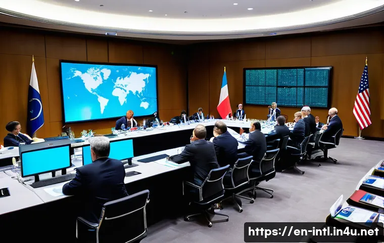 국제 핵안보 정상회의 NS - A high-level international summit room filled with diverse diplomats and nuclear security experts fr...