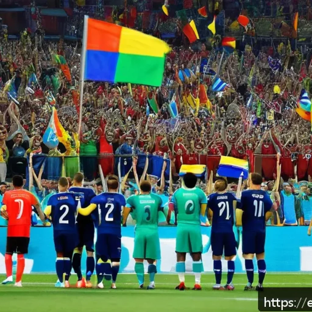 월드컵과 국가 이미지 - A vibrant stadium scene during a World Cup match, showing thousands of diverse fans wearing colorful...