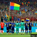 월드컵과 국가 이미지 - A vibrant stadium scene during a World Cup match, showing thousands of diverse fans wearing colorful...