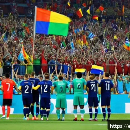 월드컵과 국가 이미지 - A vibrant stadium scene during a World Cup match, showing thousands of diverse fans wearing colorful...