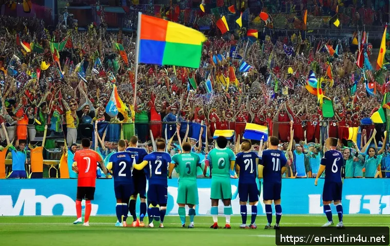 월드컵과 국가 이미지 - A vibrant stadium scene during a World Cup match, showing thousands of diverse fans wearing colorful...