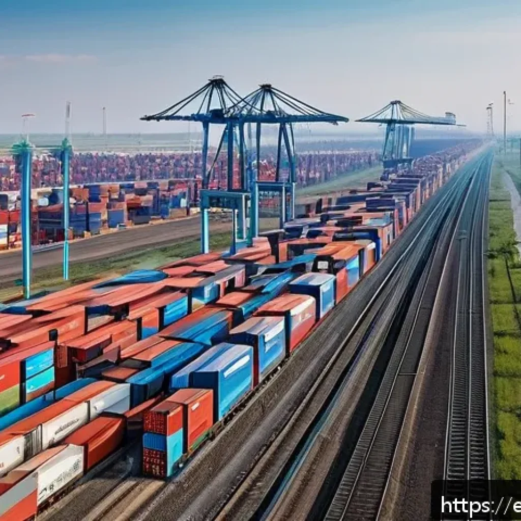 유라시아 경제연합 EAEU 분석 - A bustling modern Eurasian logistics hub featuring advanced railways and highways connecting Russia ...