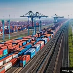 유라시아 경제연합 EAEU  분석 - A bustling modern Eurasian logistics hub featuring advanced railways and highways connecting Russia ...
