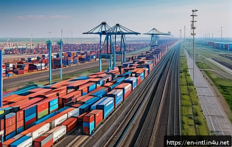 유라시아 경제연합 EAEU  분석 - A bustling modern Eurasian logistics hub featuring advanced railways and highways connecting Russia ...
