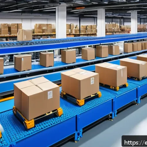 국제 경제의 디지털화와 미래 전망 - A futuristic warehouse interior bustling with advanced robotics and automation technology, featuring...