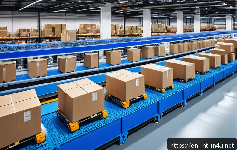 국제 경제의 디지털화와 미래 전망 - A futuristic warehouse interior bustling with advanced robotics and automation technology, featuring...