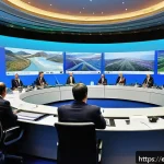 남미 지역 경제 블록 분석 - A vibrant and detailed panoramic view of a bustling South American trade summit featuring representa...