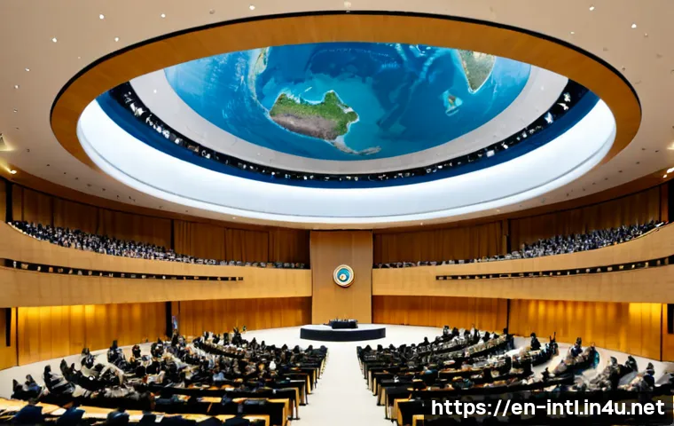 유엔 UN  구조와 운영 - Photorealistic wide-angle interior of a grand international assembly hall, diverse delegates seated ...