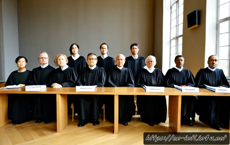 국제 인권 법정과 사례 연구 - Photorealistic international human rights court hearing, diverse panel of judges in formal dark robe...