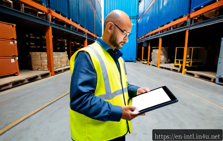국제 공급망 변화와 지정학적 영향 - Photorealistic wide-angle scene inside a modern North American logistics hub, diverse supply chain m...
