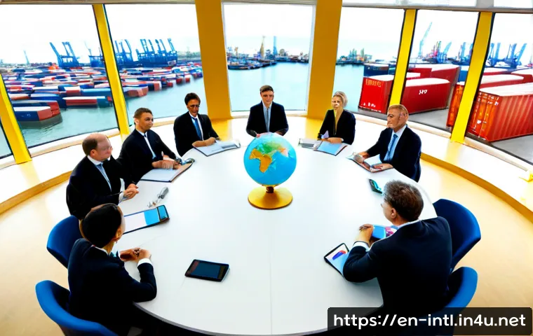 Home 15 세계 무역기구 WTO 기능 - Photorealistic wide-angle scene of an international trade negotiation in a bright modern conference ...