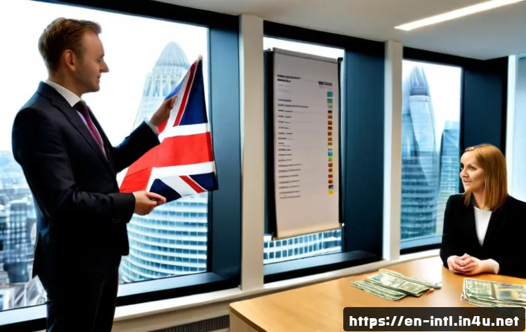 외국인 투자 유치 정책 비교 - Photorealistic international investment policy comparison scene in a modern London financial distric...