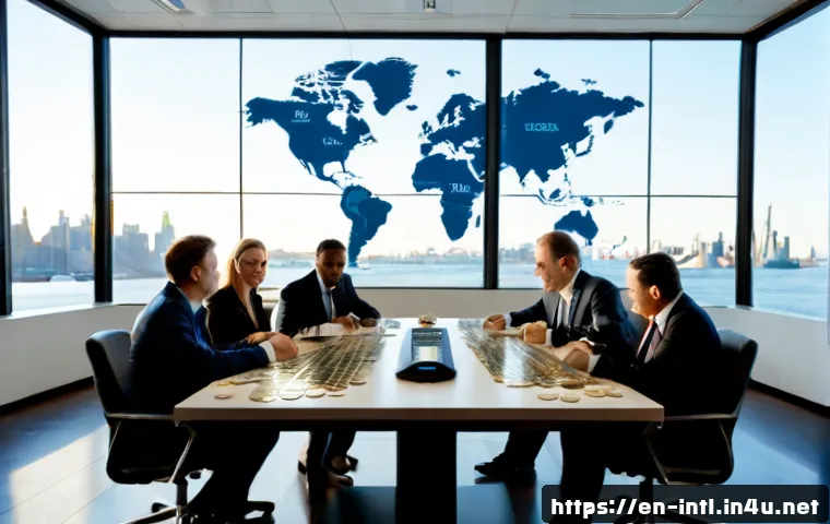 세계 경제 질서 변화 - Photorealistic global economic transition scene, diverse business leaders in a modern New York confe...